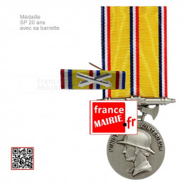 Médaille Sapeurs-pompiers argent 20 ans d'ancienneté avec sa barrette