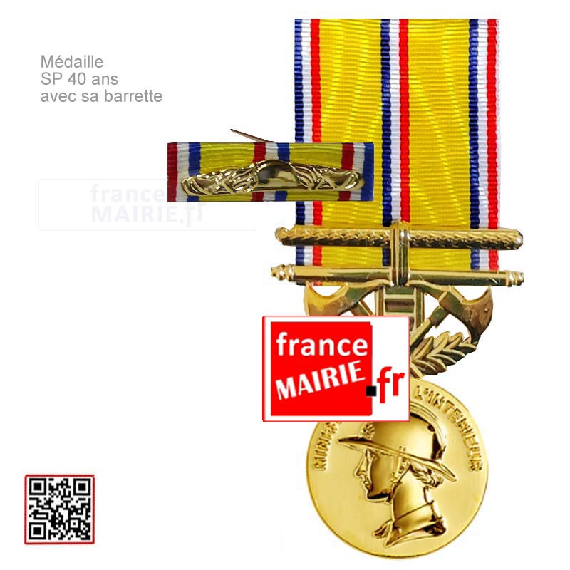Médaille Sapeurs-pompiers grand or 40 ans d'ancienneté avec sa barrette